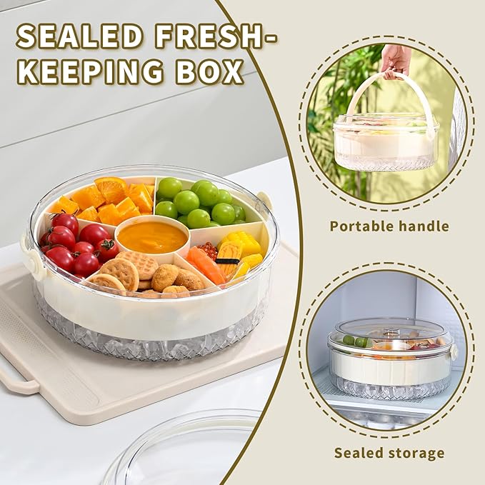 Divided Chilled Serving Tray for Parties,Ice Chilled Party Platter,Ice Serving Bowl with Lid and Handle,Charcuterie Serving Board,Cold Dish Dip for Fruit Seafood Vegetable Shrimp Cocktail Appetizer...