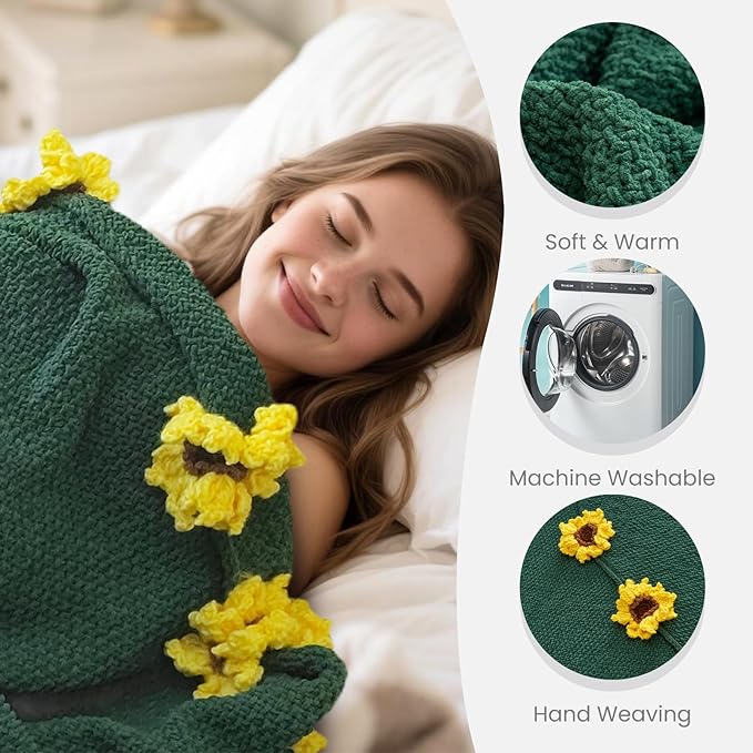 Flower Bouquet Blanket Gifts for Mom Grandma Wife Girlfriend,Completed Crochet Flower Blanket,Soft Knitted Throw Blankets,Gifts for Her Christmas Birthday Anniversary (Yellow Sunflowers)