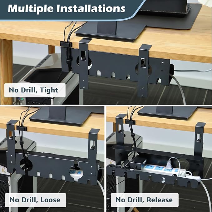 Under Desk Cable Management Tray 2 Pack Black, No Drill Cord Organizer with Clamp for Wire Management, Home & Office Accessories