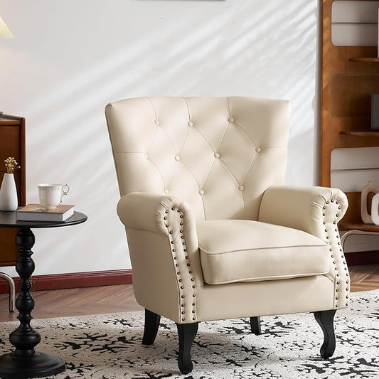 Modern Faux Leather Accent Chair, Upholstered Mid-Century Armchair with Solid Wood Legs, Single Sofa Chair for Living Room, Bedroom, or Reading Room（Ivory White）
