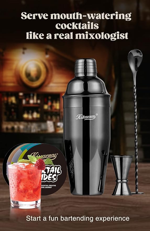 KITESSENSU Cocktail Shaker Set, Stainless Steel Martini Shaker Set with 24 Ounce Cocktail Mixer with Drink Shaker, Measuring Jigger, Bar Spoon & Drink Recipe Guide, Black