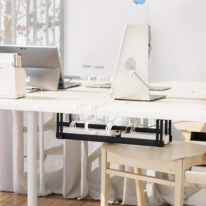 Under Desk Cable Management Tray, 17 in Metal Cable Tray Basket for Wire Management, Power Strip Holder, Cord Organizer, Wire Tamer for Home/Office Desk Cable Hider Black, 2 Pack