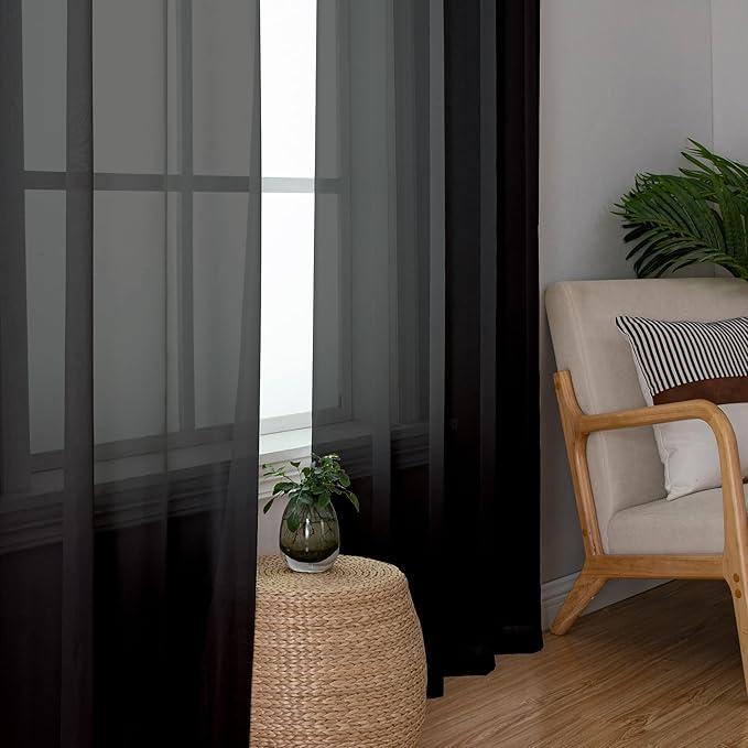 Aiyufeng Voile Sheer Black Curtains - Transparent Light Weight Soft Window Treatment Curtain Panels with Rod Pocket Top for Patio Door/Living Room (W59 x L96, 2 Panels), Black