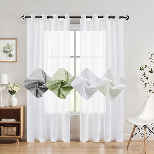 Randall Linen Sheer Window Curtain Panel Pairs 108 Inches Extra Long for Living Room with Grommets/Eyelets Rustic Window Treament Drape Set Bedroom Farmhouse- 54x108 Inch, 2 Panels, Snow White