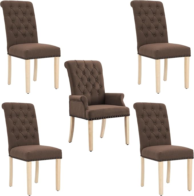 AODCHR Upholstered Fabric Accent Dining Chair Set of 5, Elegant Tufted Dining Room Chairs, Kitchen Room 1 Arm with 4 Armless, Brown