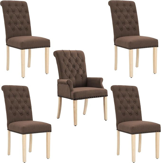 AODCHR Upholstered Fabric Accent Dining Chair Set of 5, Elegant Tufted Dining Room Chairs, Kitchen Room 1 Arm with 4 Armless, Brown