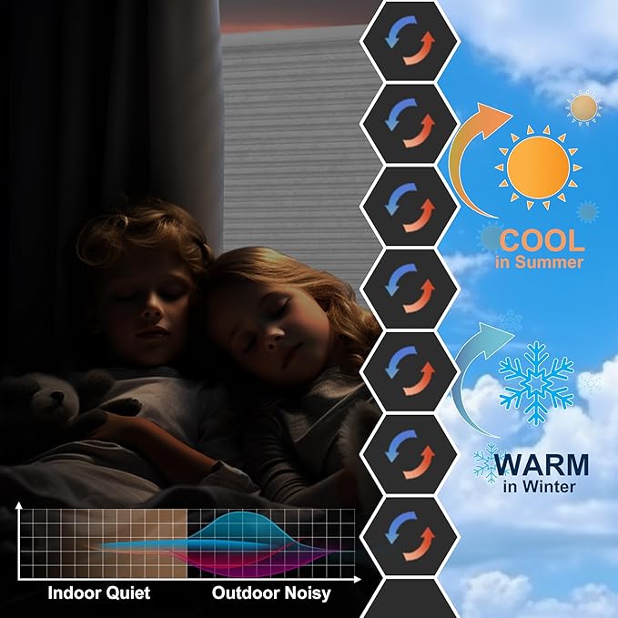 No Drill No Tools Cellular Shades Top Down Bottom Up Blackout Blinds for Windows Cordless Honeycomb Window Shades Easy to Install for Home, Blackout-Grey, Customized Size