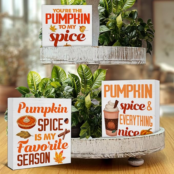 3 Pcs Fall Wood Signs Decor Pumpkin Spice Wood Block Signs Farmhouse Autumn Pumpkin Spice Wooden Box Signs Home Decorations for Kitchen Tiered Tray Desk Table Shelf