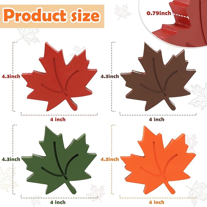 Amorita 4pcs Fall Leaves Decorations Farmhouse Thanksgiving Table Decor Centerpiece Wooden Maple Leaf Signs Block for Autumn Harvest Tiered Tray Party Shelf Display