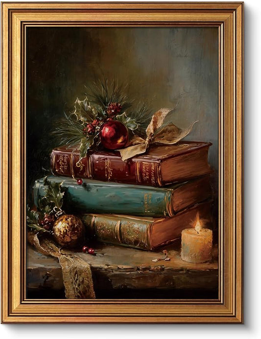 VIYYIEA Vintage Gold Framed Wall Art for Living Room, Christmas Canvas Prints Home Decor, Oil Painting Picture, Bedroom Wall Decor Gifts for Friends or Family -【Christmas Magic Book】-(16L x 12W)