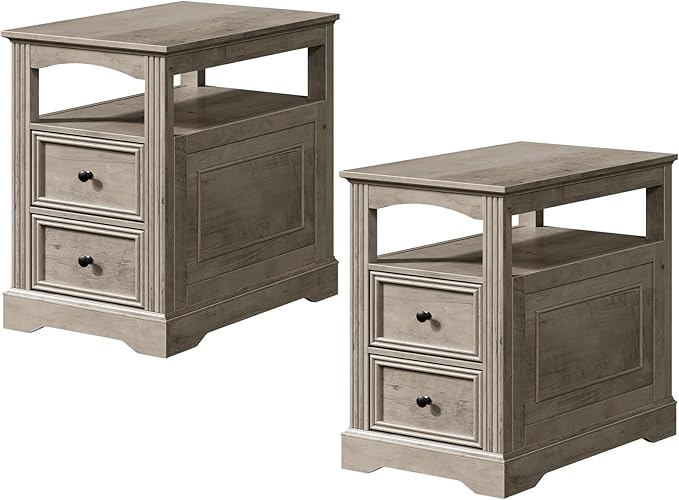 Farmhouse End Table Set of 2, Narrow Sofa Side Table with 2 Drawers and Open Shelf, Wooden Nightstand with Storage for Small Spaces, Bedroom, Living Room, Greige