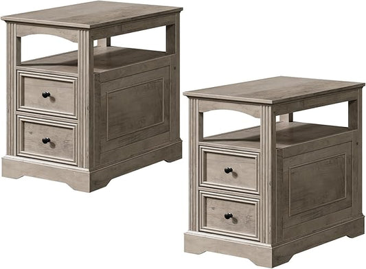 Farmhouse End Table Set of 2, Narrow Sofa Side Table with 2 Drawers and Open Shelf, Wooden Nightstand with Storage for Small Spaces, Bedroom, Living Room, Greige