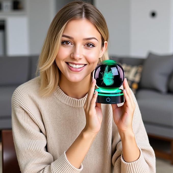 3D Crystal Ball Butterfly Statue, Colorful LED Base, Birthday Gifts for Men and Women, Gratitude Gifts, Family, Teachers, Friends, Girlfriends, Butterfly Decoration Glass Ball