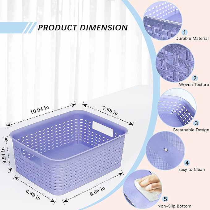 Plastic Storage Baskets for Cabinets, Household Pantry Organization with Handle,Organizer Bins for Room,Bathrooms,Under-Sink,Kitchen (Purple, S-3PACK)