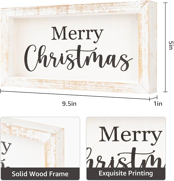 Merry Christmas Wooden Tabletop Sign, Festive Wood Decor for Christmas Desk,Shelf,Tray,Fireplace.Christmas Wood Block Sign(White)