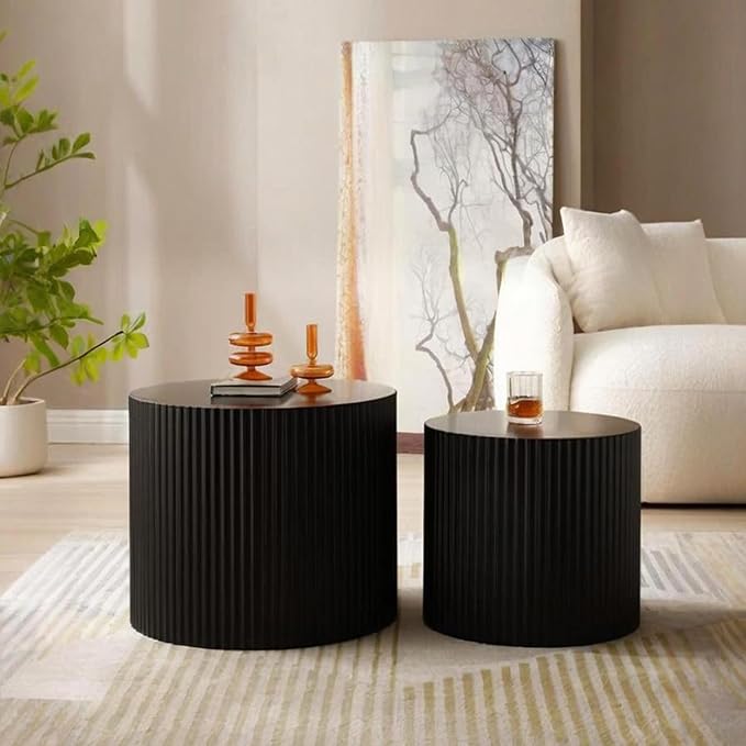 Round Nesting Coffee Table Set of 2 Modern Black Fluted Coffee Table Small Round End Table Side Table Circular Coffee Tables Circle Nested Coffee Tables for Living Room (Black Small)