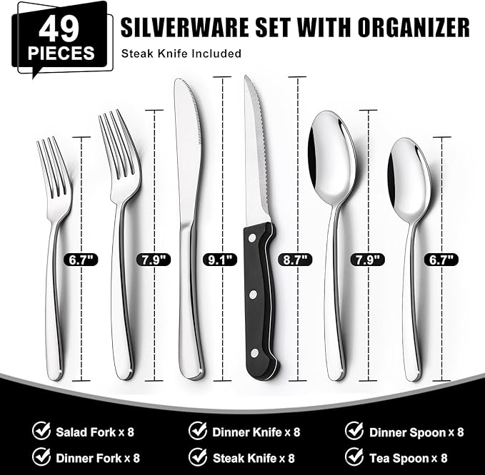 49-Piece Silverware Set with Organizer, Heavy Duty Stainless Steel Flatware for 8, Cutlery Utensil Sets with Steak Knives, Rust-proof, Mirror Polished, Dishwasher Safe