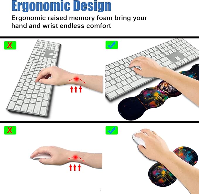 4 in 1 Ergonomic Memory Foam Mouse Pad Wrist Rest Set, Large XXL Gaming Desk Pad + Keyboard Wrist Rest + Mouse Wrist Cushion + Coaster for Home Office Study Gaming, Cute Pug with Headphones