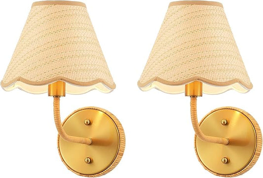 Elycucpa Boho Hand Woven Rattan Wall Sconces Set of Two Rustic Industrial Wall Lamp Brass Farmhouse Wall Lights for Bedroom Living Room Hallway Vanity, Dia 11”, UL Listed