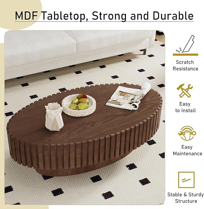 Oval Fluted Coffee Table Mid Century Modern Coffee Tables with Handcrafted Relief Ellipse Drum End Table Rustic Industrial Center Tables for Apartment Living Room (Brown Oval)