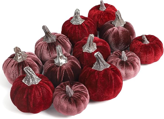 12pcs Velvet Fake Pumpkins Fall Decor Faux Small Foam Fabric Pumpkin for Autumn Table Centerpiece Party Farmhouse Harvest Thanksgiving (Dark Red/Mulberry)
