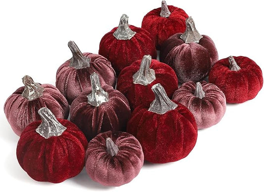 12pcs Velvet Fake Pumpkins Fall Decor Faux Small Foam Fabric Pumpkin for Autumn Table Centerpiece Party Farmhouse Harvest Thanksgiving (Dark Red/Mulberry)