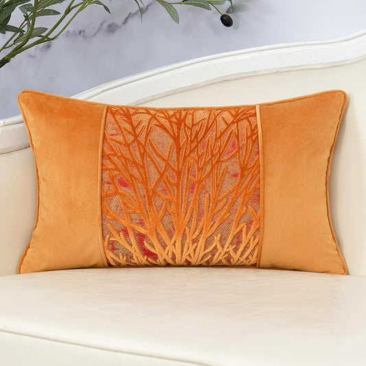 Yangest Orange Yellow Throw Pillow Cover Velvet Cushion Cover Branches Rectangular Pillowcase for Sofa Couch Bedroom Living Room, 12x20 Inch