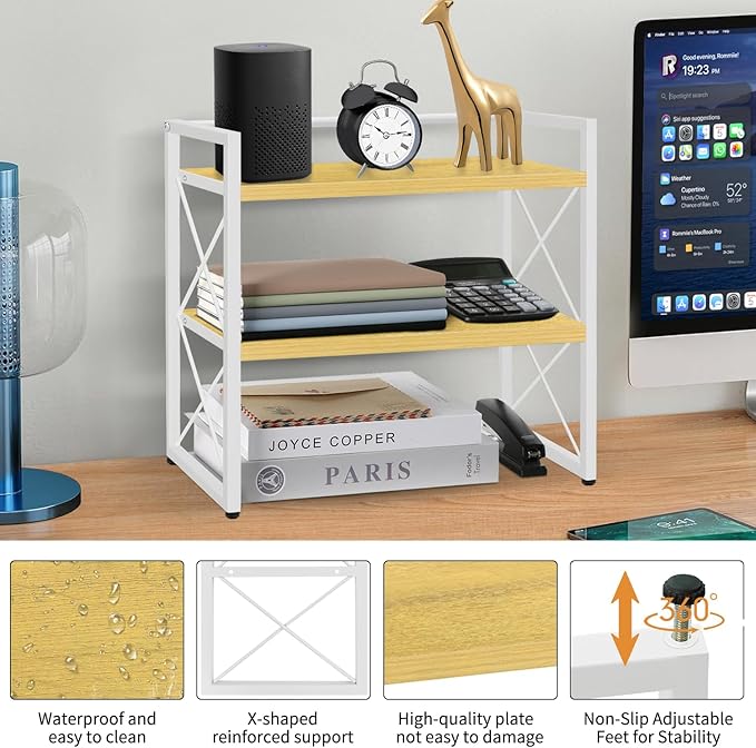 YINMIT Desktop Shelf Organizer, 2 Tier Office Shelves, Wood Desk Organizer Storage Rack and Freestanding Display Shelf for Office, Dormitory, Home (White Wood)