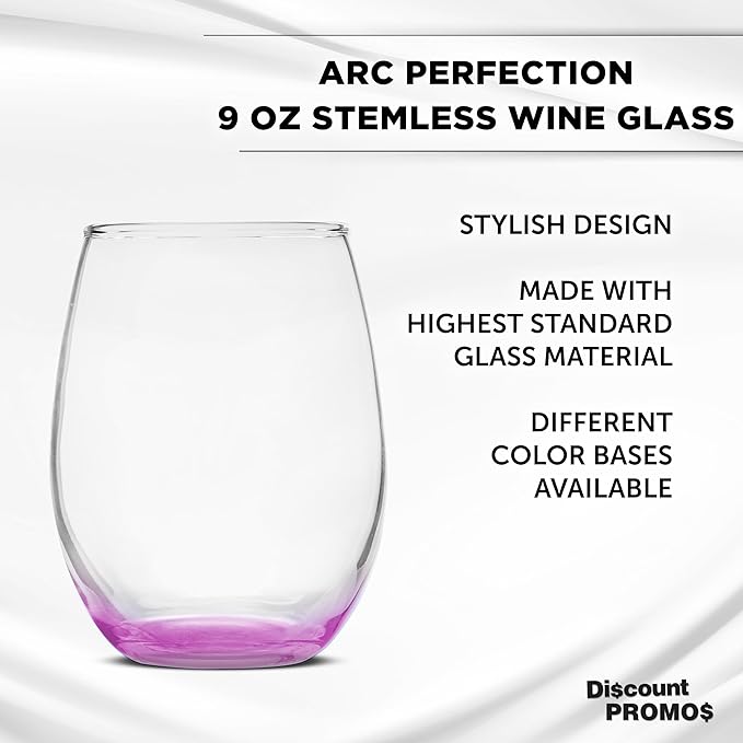 DISCOUNT PROMOS Stemless Wine Glass 9 oz. Set of 10, Bulk Pack - Great for Wedding Favors, Bachelorette Party and More - Pink Bottom Color
