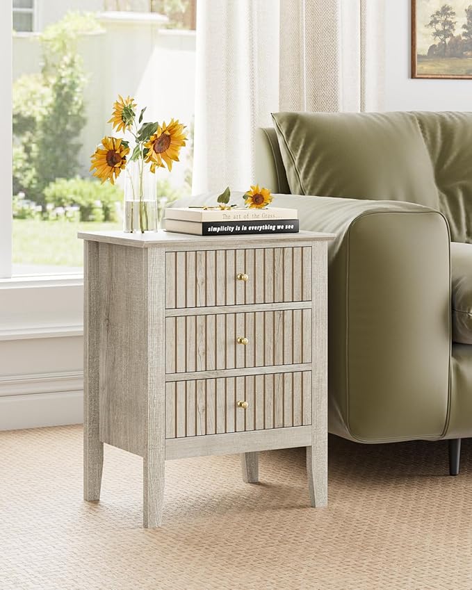 Night Stand, Fluted Nightstand Bedside Tall Farmhouse Nightstand with 3 Drawers, Mid Century Modern Side Accent Table,Bedside End Table for Bedroom, Living Room, Beige