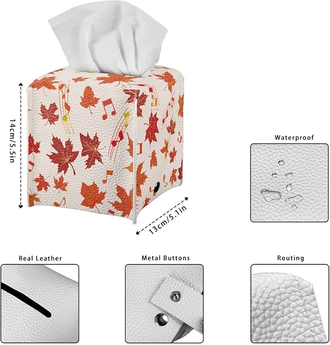 Maple Leaf Tissue Box Cover Square PU Leather Tissue Box Holder Facial Paper Boxes Case for Tabletop Night Stands Bathroom Office Thanksgiving Modern Decorative Cube Napkin Case