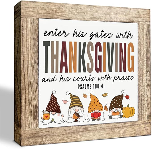 Thanksgiving Decoration, Enter His Gate with Thanksgiving Sign, Farmhouse Front Door Decor, Living Room Decors, Wooden Decorative Fall Sign, Housewarming Decors, Hostess Gift, 5.9X5.9X0.7inches