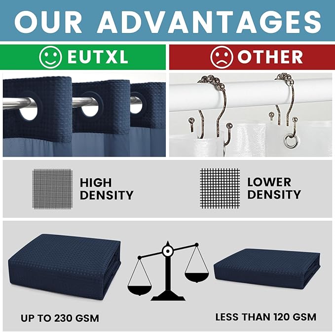 Navy Blue Long No Hook Shower Curtain with Snap in Liner,230GSM Waffle Weave Shower Curtains for Bathroom,71W x 86H