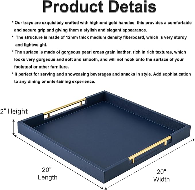 Navy Blue Faux Leather Decorative Tray,Large Square Serving Tray with Handles,coffee table tray for Home decor,Large Ottoman Tray for Living Room,Bathroom, 20 x 20in