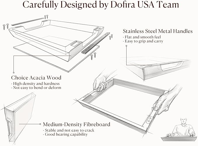 Acacia Wood Serving Tray with Metal Handles, 17x13in Large Ottoman Tray, Food Drinks Tray for Coffee Table, Breakfast, Dinner & Bar, Rustic Decorative Tray for Kitchen, Bedroom Gift Box