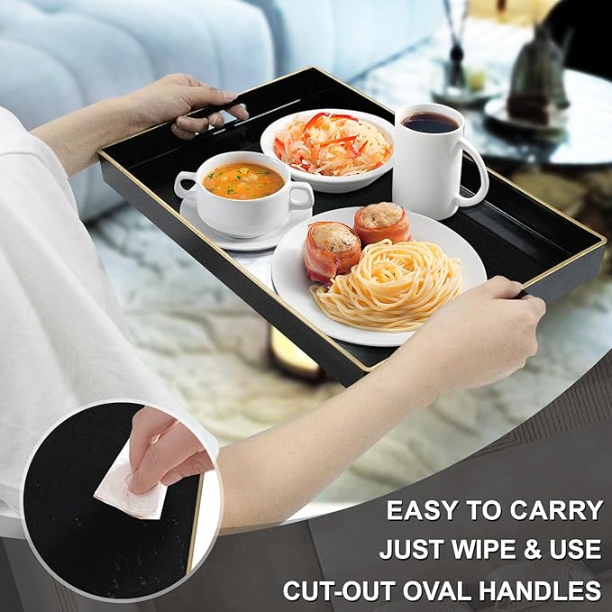 MAONAME Black Decorative Tray for Coffee Table, Modern Serving Tray with Handles, Plastic Rectangular Tea Tray for Ottoman, Bathroom Decor, 15.8” X 10.2” x1.4