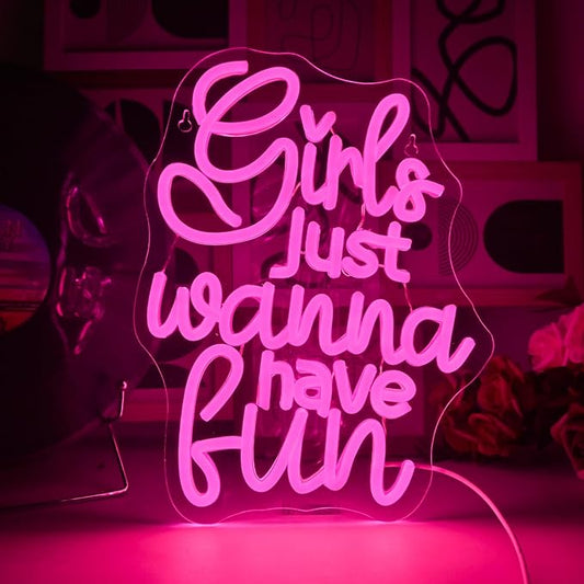 Girls Just Wanna Have Fun Neon Sign 80's Party Decoration Retro Pink LED Neon Light Sleepover Party Girl Neon Signs for Wall Decor,for Bedroom Wedding Christmas Birthday (have fun)