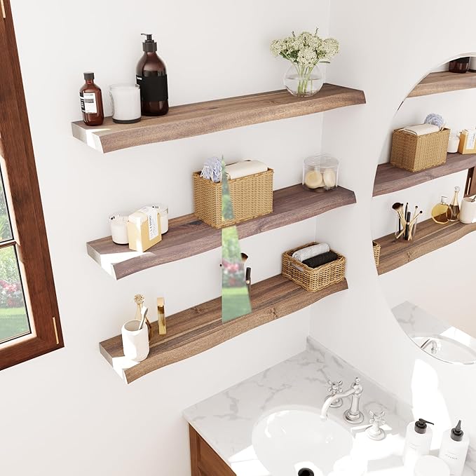24" Acacia Live Edge Floating Shelves Set of 2 - Wall Mounted Wooden Shelf for Stylish Home Décor - Dark Walnut Color 24x7.5x1.5 Inches