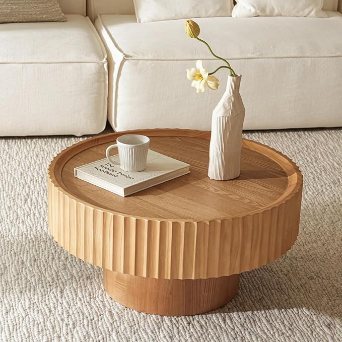 Round Coffee Table, Modern Living Room Tables with Mushroom Shape and Grooved Design, Large Coffee Tables, Circle Pinewood Center Table for Living Room (Nature Wood, 31.8''L×13.7''H)