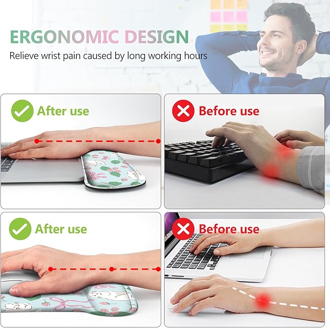 AIMSA Ergonomic Keyboard Wrist Rest and Mouse Pad with Wrist Support, Cute Memory Foam Mousepad Set for Computer, Laptop, Gaming and Office, Easy Typing, Pain Relief,Pink Bows