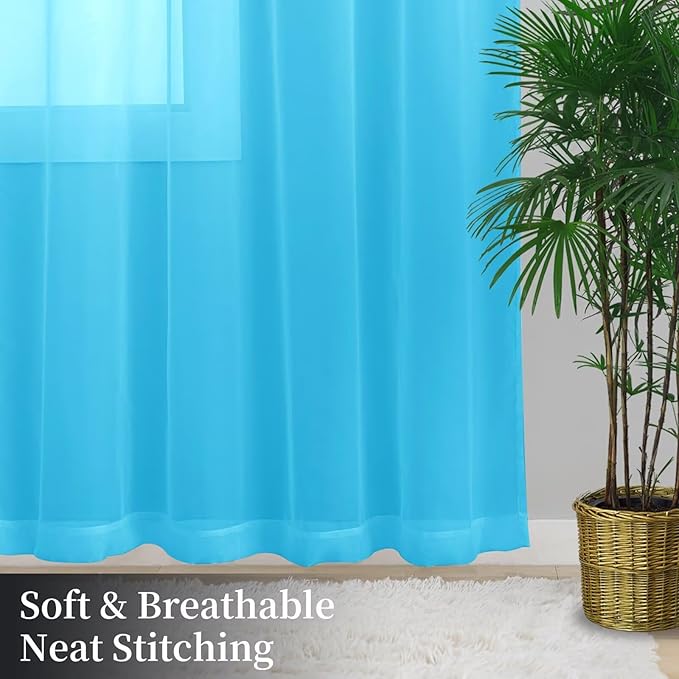 Sheer Curtains 45 Inches Long 2 Panels, Rod Pocket Short Curtain for Kitchen, Bedroom, Cafe Window(Cyan Blue 38" W x 45" L)
