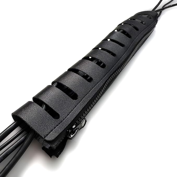 Under Desk Cable Organizer 2-Pack – PU Leather, Zipper Closure with 10 Cable Slots, Tool-Free Mount, Connectable Design for Home and Office Wire Management (Black)