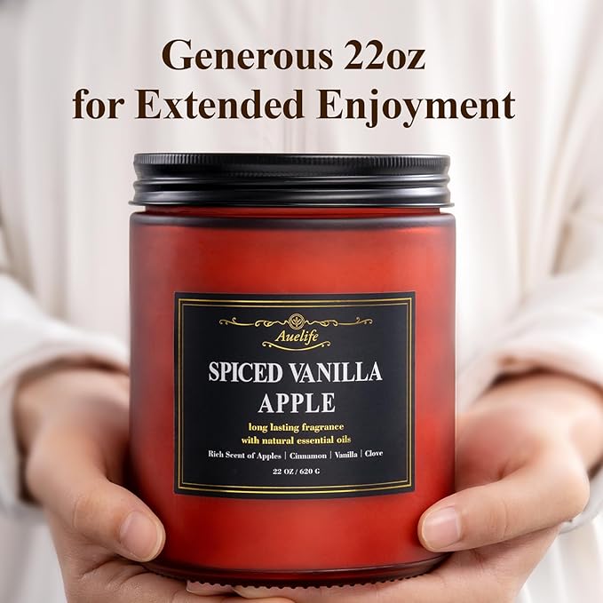 Auelife Spiced Vanilla Apple Scented Candle – 22oz Large 3-Wick Soy Candle, Cozy Fall & Autumn Candles for Home, Holiday Gift for Women & Men