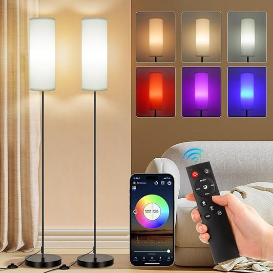 FRIDEKO HOME 2 Pack Floor Lamps for Living Room, Dimmable Colors Temperature & Brightness, Modern Floor Lamp with Remote, Tall Standing Lamps for Living Room Bedroom Office, White Shade 9W RGB Bulb