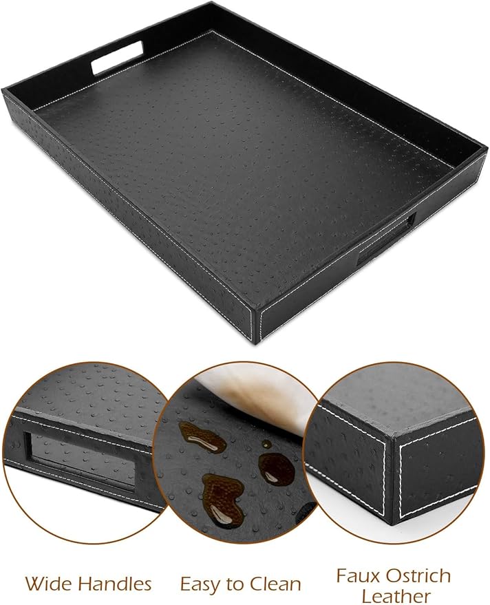 Ranslen Serving Tray with Handles, 20 x 16 Inch Ottoman Tray for Coffee Table, Breakfast, Kitchen Home Black Tray Decor Extra Large, Rectangular