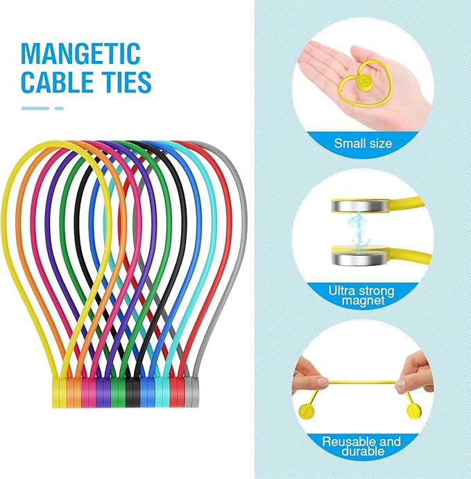 Magnetic Cable Ties Silicone 9 Inch Reusable Magnetic Twist Ties for Cord Cable Organizer and Bundling, Can Be Use in Home Office School Outdoor (6 Colors-12 Pack)