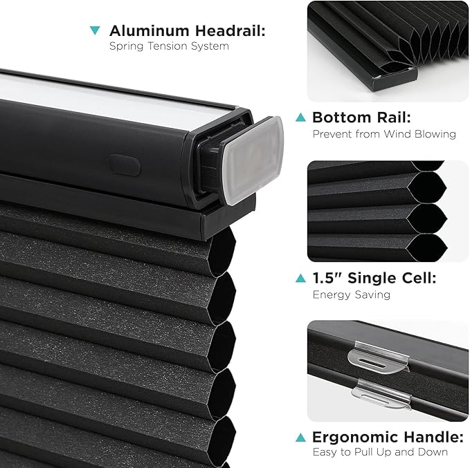 Joydeco No Tools No Drill Blinds for Indoor Windows, Cordless Window Blinds Cellular Shades Top Down Bottom Up Blackout Honeycomb Blinds Thermal Insulated Noise Reduction (Black, 31" W x 64" H)