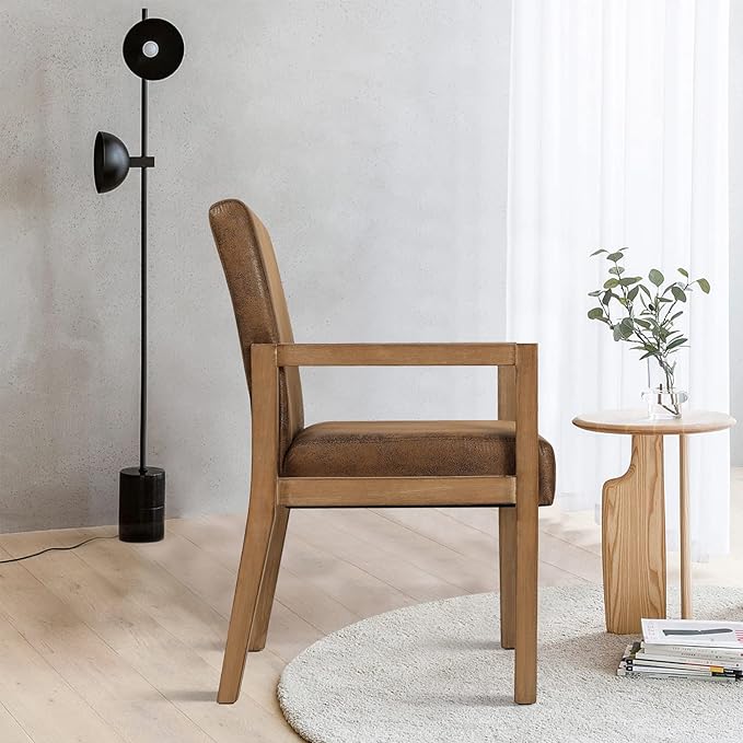 Bekrvio Dining Chairs, Upholstered Faux Leather Dining Chairs with Arms, Mid Century Modern Accent Chairs for Living Room, Arm Chairs with Wood Frame (1, Brown with Wood Arms)