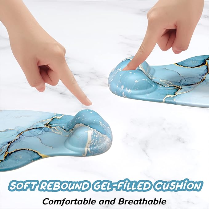 Hsurbtra Ergonomic Mouse Pad with Wrist Rest Support, Gel Mouse Pads with Non-Slip PU Base, Pain Relief Memory Foam Computer Mat, Cute Office Supplies Desk Decro Accessories, Blue Marble