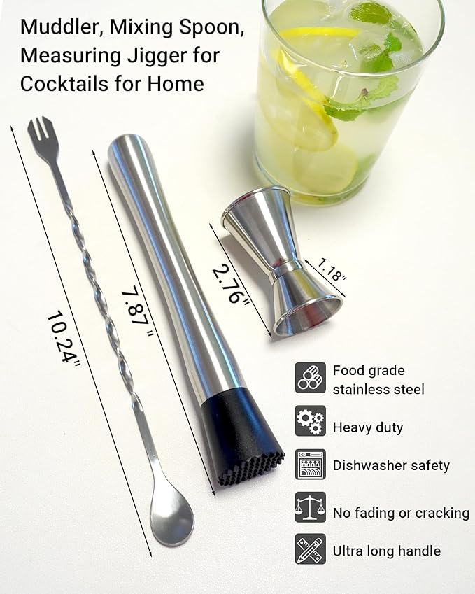 Professional Bar Tools Set, 10-inch Stainless Steel Muddler, Mixing Spoon, Measuring Jigger for Cocktails for Home Bartenders, Mojitos, Margaritas and Fruit-Based Drinks